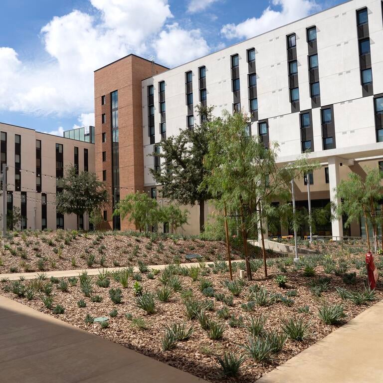 An exterior view of North District 2 from the courtyard.