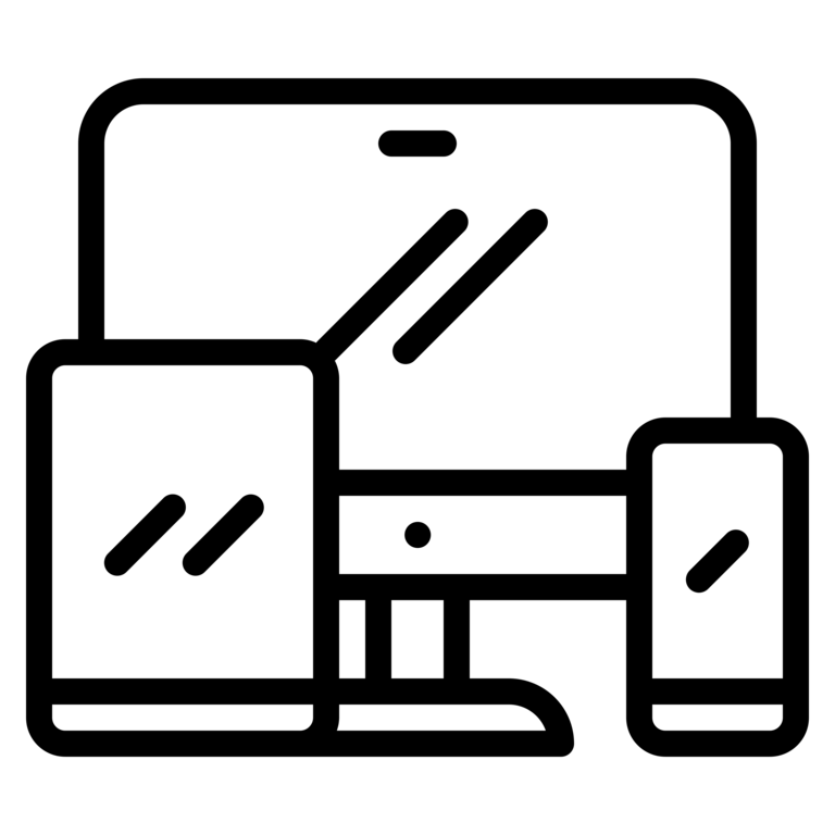 An outline icon of a computer, tablet and phone.