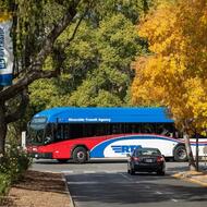 An RTA bus drives around the UCR campus.