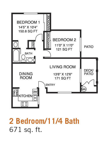 Plaza 2 Bed 1.25 Bath Floor Plan