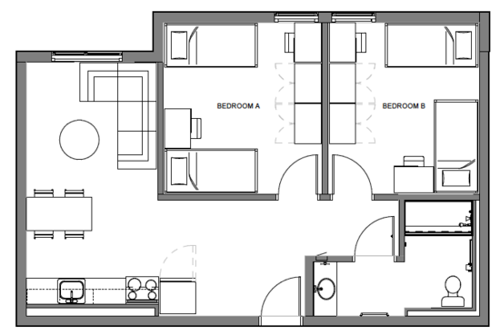 North District 2 2 bedroom deluxe 1 bath Floor Plan